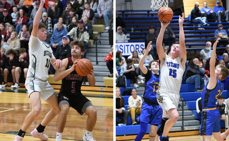 LEFT: Fletcher Dubas and the Warriors travel to Humphrey on Tuesday to take on High Plains at Archangels Catholic. RIGHT: Lane Lund and the Titans take Superior on Monday at Alma. NCJ file photos by Rick Holtz