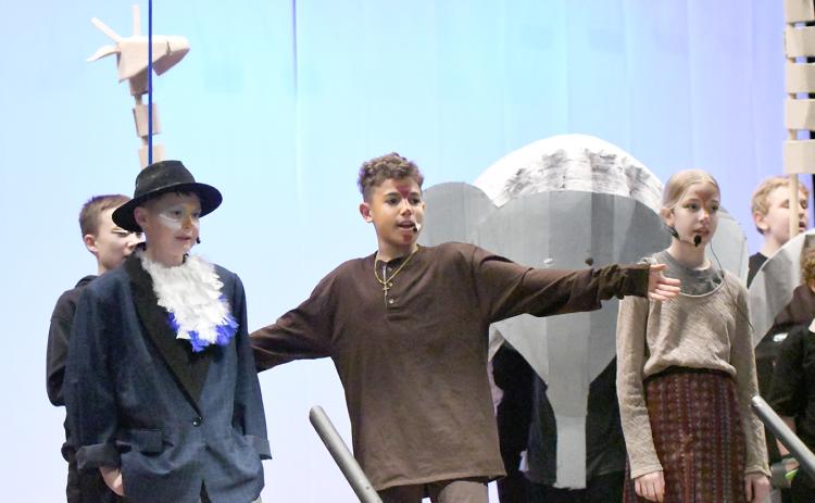Torrin Yosten (Simba) sings “I Just Can’t Wait to be King” with Eva Johnson (Nala) to get away from Nolan Shanle (Zazu) in Twin River’s musical production of “The Lion King Kids.”