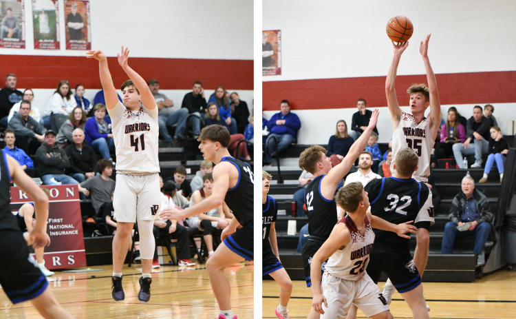 LEFT:  Terrick Gonsior scored 16 points for the Warriors on Thursday and 7 points on Friday. RIGHT: Kane Wetovick scored 17 points on Thursday against Lutheran-Northeast and 24 points on Friday against Pleasanton. NCJ photos by Rick Holtz