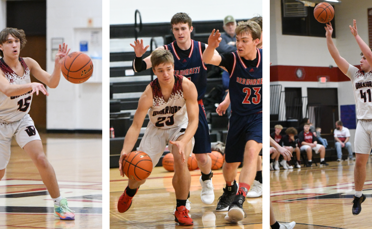 LEFT: Jakob Supik finds the open man in the first half. MIDDLE: Cael Dubas drives around a group of defenders. RIGHT: Terrick Gonsior had 3 points against Heartland Lutheran. NCJ photos by Rick Holtz