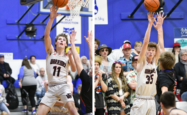 LEFT: Nolan Dubas finished with a season-high 18 points to help lead Fullerton to a 60-46 win over High Plains on Tuesday. RIGHT: Kane Wetovick scored a game-high 22 points on Tuesday. NCJ photo by Rick Holtz