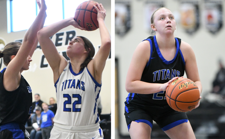 LEFT: Clara Preister scored 15 points and grabbed 11 rebounds in Twin River’s opening round win over Ravena. RIGHT: Mya Ramaekers finished with a team-high 11 points to go along with 3 steals in the Titans’ semifinal loss to Thayer Central. NCJ photos by Rick Holtz