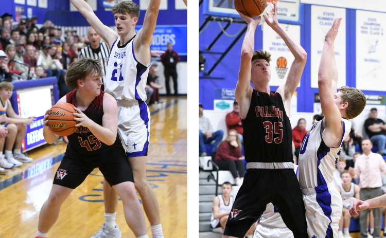 LEFT: Jaxson Gustafson tries to find the open teammate during the first half. RIGHT: Kane Wetovick scored a game-high 14 points and grabbed 10 rebounds. NCJ photos by Rick Holtz