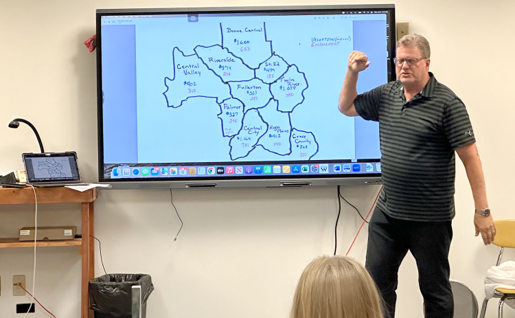 Fullerton Superintendent Dr. Jeff Anderson explains area property valuations to the board of education during budget discussions last year. Anderson announced this week his intention to retire at the end of June. NCJ file photo by Rick Holtz