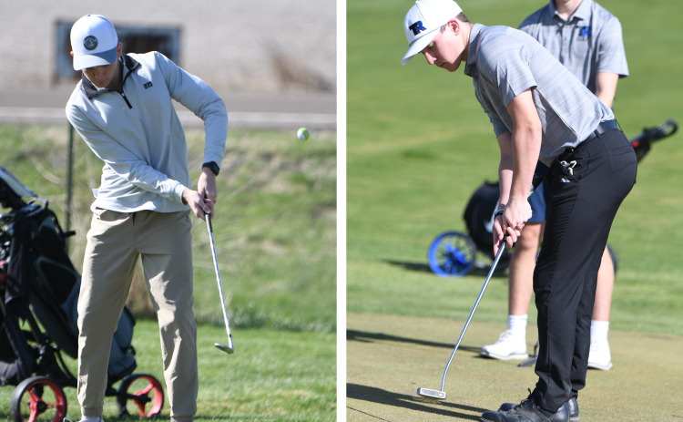 LEFT: Tate Wood chips his ball onto the green. RIGHT: Chance Swantek hits a putt while Corbin Rodriguez watches the ball move to the hole. NCJ photos by Rick Holtz