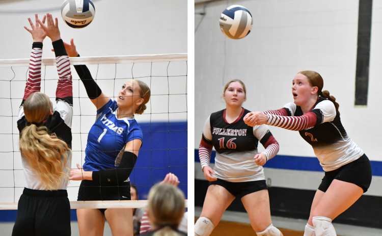 LEFT: Tricia Kunkee finished with a team-high 12 kills against Fullerton. RIGHT: Riley Thomas makes the first bump for the Warriors as Lexxus Schroeder looks on. NCJ photos by Rick Holtz