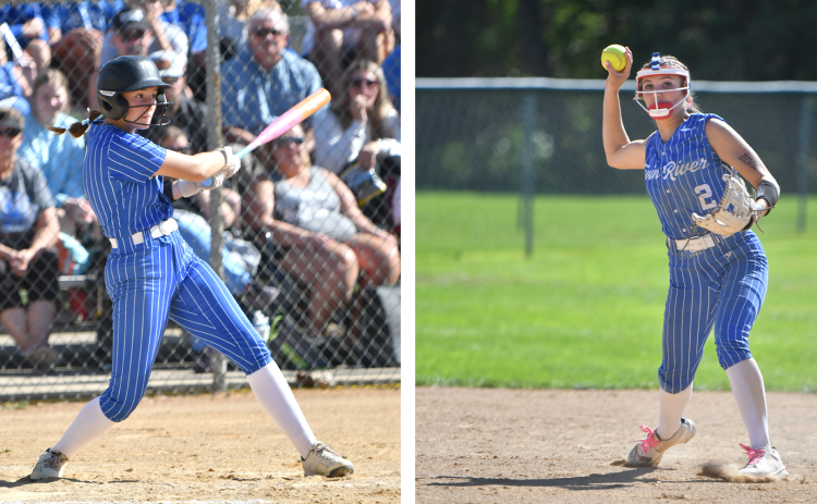 LEFT: Kaleigh Rickard drove in a run in game 1. RIGHT: JLee Van Driel throws out the runner at first. NCJ photos by Rick Holtz