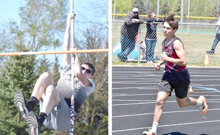 LEFT: Ryker Stenzel finished 13th in the pole vault, clearing a height of 8-02.00. NCJ photo by Calvin Holtz  RIGHT: Mason Hemmingsen finished 15th in the 1600-meter run with a time of 5:43.63. NCJ photo by Rick Holtz
