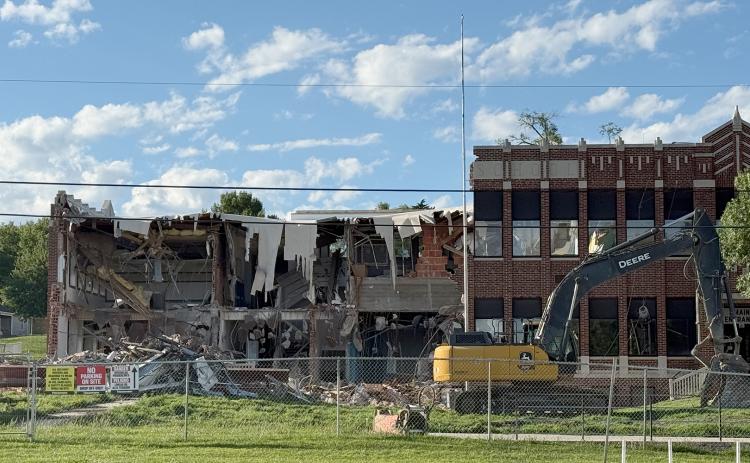The 1929 school building started coming down this week. NCJ photo by Rick Holtz