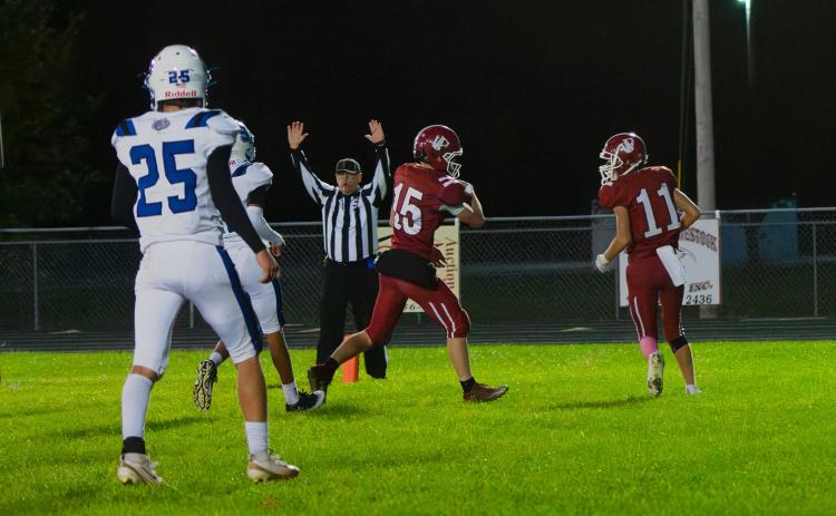 Landen Glup gets into the end zone for the Warriors. NCJ photo by Melissa Aaberg