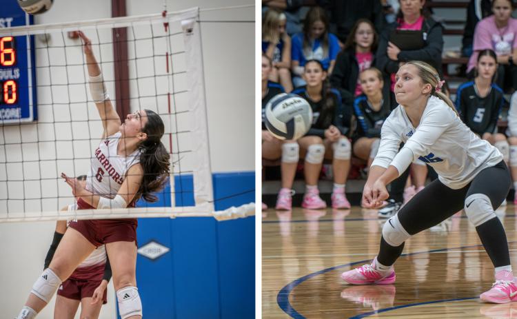LEFT: Ava Smith goes on the attack for the Warriors during their match with Newman Grove/St. Edward. RIGHT: Layney Matthes keeps the rally going for the Titans on Monday against Elgin/Pope John. NCJ photos by Rick Holtz