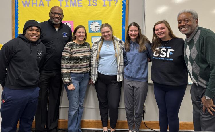 (From left to right) Tydell McLaurin (Omaha, NE), Ivan Wineglass (PSC alum and Optimist International Club member), City of Peru Mayor Katy Novak, Mindy Bartels (Lincoln, NE), Josie Williams (Fullerton, NE), Kylie Hansen (Lincoln, NE) (PSC Optimist Club Vice-President), and Dr. Robert Ingram (faculty advisor). Photo provided