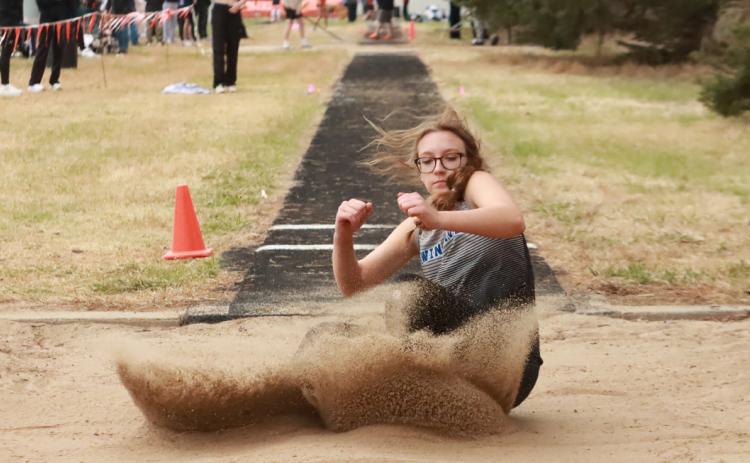 Adalyn Bishop finished seventh in the long jump at the High Plains Invite. NCJ photo by Ken Kush