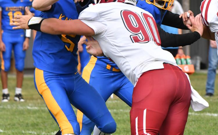 Parker Aaberg and the Fullerton defense pressured the Nebraska Lutheran quarterback all game on Friday. NCJ photo by Rick Holtz