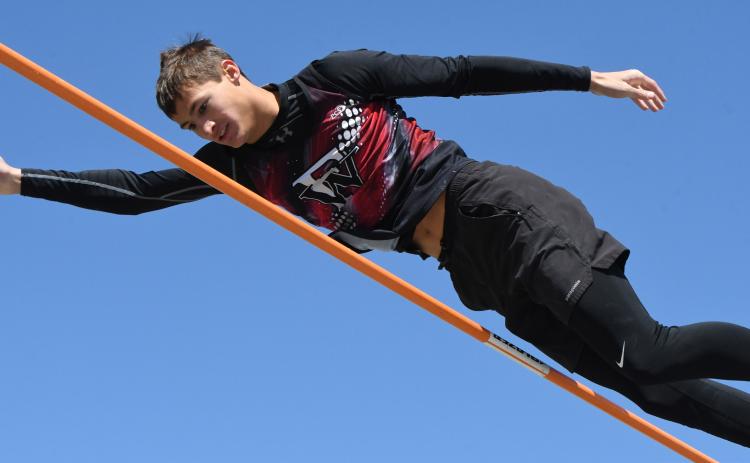 Roe Patton won the pole vault at the Palmer Invite on Thursday, clearing 12-06.00. NCJ photos by Rick Holtz