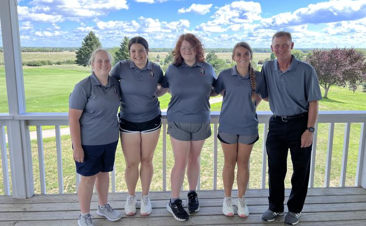 Fullerton will look to use past experience to their advantage this golf season. From Left: Tierney Russell, Melinda Pickrel, Kenzie Sharman, Keila Dubas and Coach Shawn Ostransky. Not pictured: Paige Horn. NCJ photo by Laura Sabata
