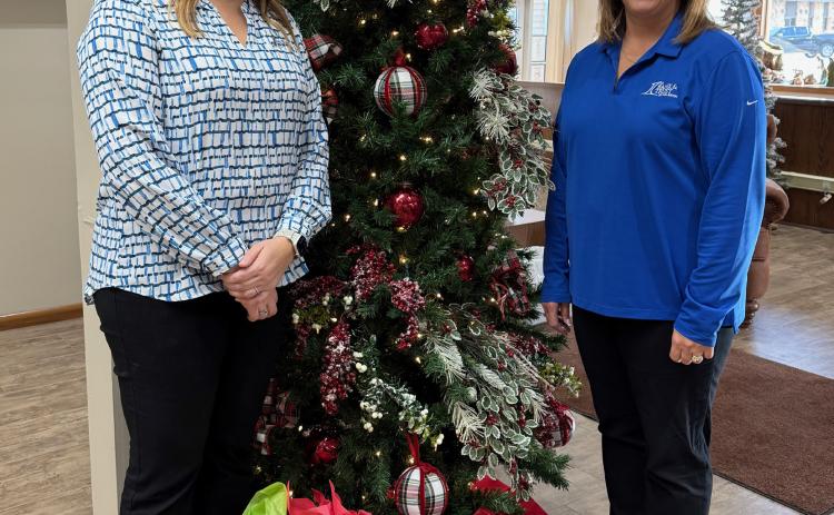 Beth Sonderup (left) and Lori Cornwell stand next to the Tree of Love located inside the 1st Bank &amp; Trust branch in Fullerton. NCJ photo by Rick Holtz