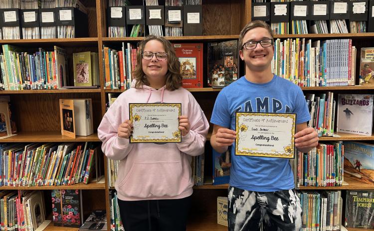 Cael Dubas (right) won the Nance County Spelling Bee and PJ Sabata (left) came in second. NCJ photo by Rick Holtz