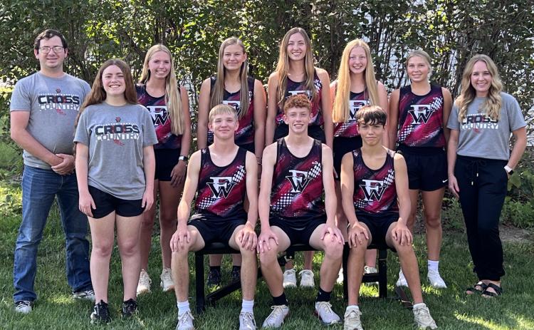 The season may have just started, but the Warriors have plenty of miles of work already in. Standing: Assistant Coach Jeremy Hubel, Student Manager Peyton Thomas, Emilyn Kurz, Delylla Olson, Makayla Robinson, Elena Reimer, Morgan Supik, Head Coach Jordan Wetovick. Seated: Tate Wood, Jacob Maxfield and Mason Hemmingsen. Photo provided