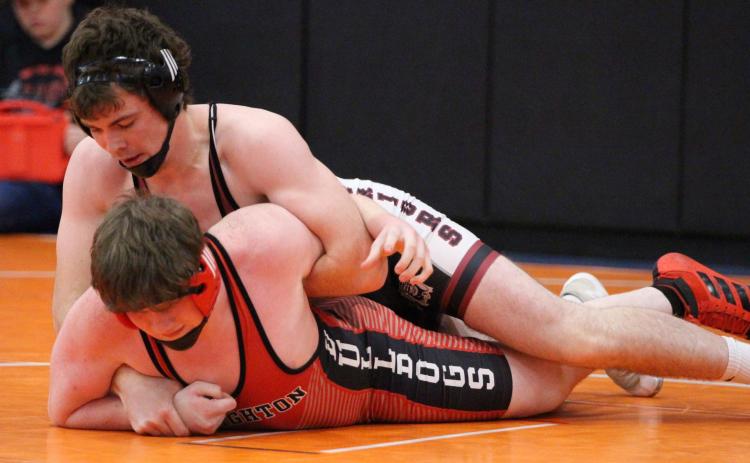 Fullerton’s Brett Bridger was undefeated with five pins on Saturday at the Osceola Invite. The Fullerton senior won the 190-pound weight class. NCJ photo by Travis Lane