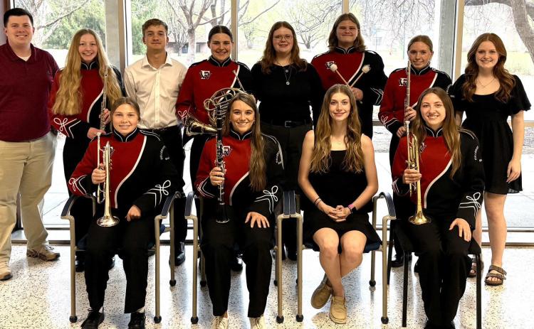 Fullerton was wellrepresented at the Class D All-State Band on Saturday at the University of Nebraska Kearney Fine Arts Building. Back row from left Music Director Colton Kohl, Elena Reimer, Cael Dubas, Lylla Sabata, Kinzie Sharman, Colton Harris, Emilyn Kurz and Riley Thomas Front row Morgan Supik, Keila Dubas, Jaci Maxfield and Makayla Robinson Photo provided