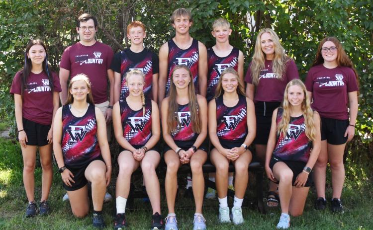 Fullerton has high expectations for the cross country season. Back Row: Student Manager Megan Toahty (left), Asst. Coach Jeremy Hubel, Jacob Maxfield, Justin Horn, Tate Wood, Head Coach Jordan Wetovick, Student Manager Peyton Thomas. Front Row: Delylla Olson, Elaina Reimer, Makayla Robinson, Morgan Supik, Emilyn Kurz. NCJ photo by Laura Sabata
