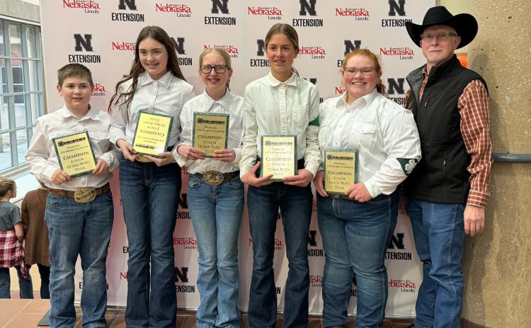 Members of the Champion Boone-Nance County 4-H Intermediate Horse Bowl Team (L-R):, Luke Sonderup, Lora Sonderup , Tinsley Neidhardt, Josie Rother, Dorothy Smith, and Steve Pritchard, coach. Photo provided
