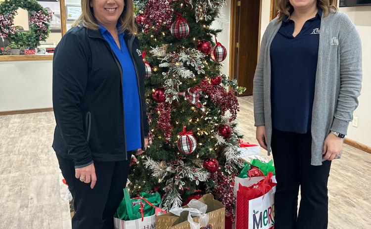 Lori Cornwell (left) and Beth Sonderup stand next to the Tree of Love located inside the 1st Bank & Trust branch in Fullerton. NCJ photo by Rick Holtz