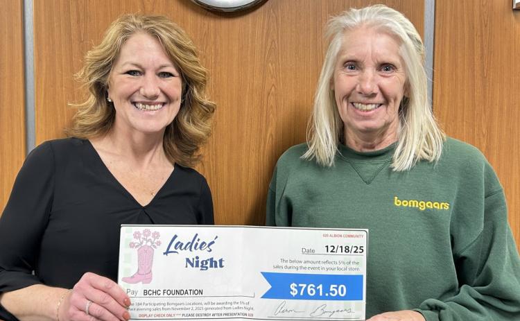 Cindy Bolin, General Manager of the Albion Bomgaars location, presents a donation check to Sarah Grape, BCHC Foundation Director. Photo provided