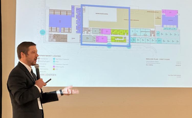Twin River Superintendent Jason Schapmann gives the community an overview of the new building project proposal. The district unveiled the project at a special meeting on Thursday. NCJ photo by Rick Holtz