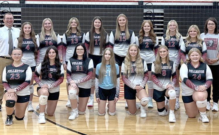 Kneeling: Nevaeh Wendtlandt, Ava Smith, Brooklyn Loseke, Korie Konwinski, Kaycee Harter, Madelyn Russell, Claire Russell. Standing: Coach Ike Carr, Tylar Konwinski, Lexxus Schroeder, Addison Coe, Georgia Bridger, Ella Pickrel, Riley Thomas, Rylyn Hemenway, Reese Dubas, Head Coach Theresa Bridger