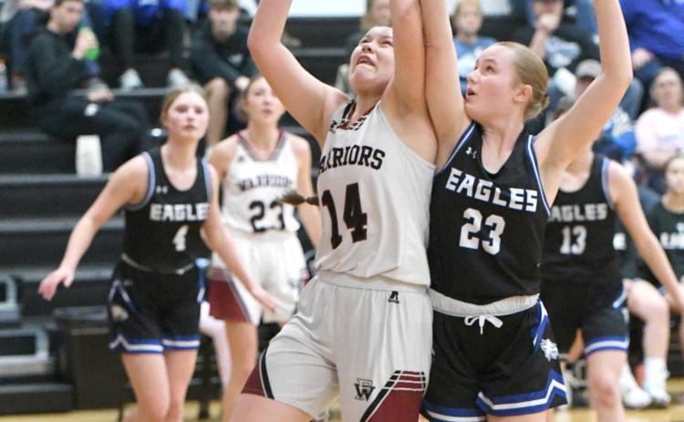 Georgia Bridger goes up strong for 2 of her 11 points in the first half against Lutheran-Northeast. NCJ photo by Rick Holtz