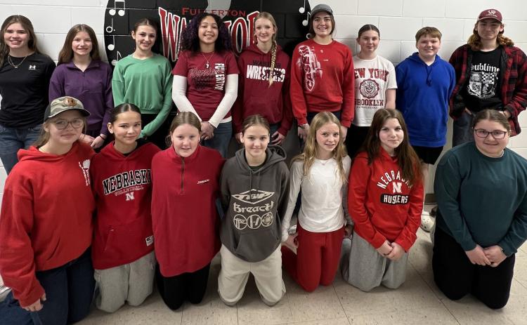 Congratulations to the Fullerton Junior High Band members selected to participate in the York Junior High Honor Band on March 28! Front row: Renee Reimers, Layla Page, Kindall Francis, Elle Borgheiinck, Sara Russell, Lincoln Schroeder, Kamryn Gryzwa. Back row: Sarah Bentz, Ellie Meysenburg, Carly Malander, Koco Samuels, Austry Adams, Lora Sonderup, Bre Bernt, Sam Beed, and Joe Johnson. Not Pictured: Brady Carr. Photo provided