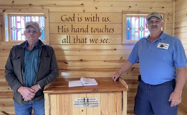 Jon Epley (left) and Dan Wetovick stand inside the chapel that Dan built and donated to the Nance County Veterans Memorial. He built the chapel in memory of his parents, Paul and Joanie Wetovick. NCJ photo by Rick Holtz