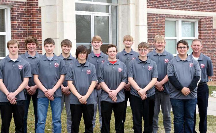 Front Row from Left: Ryan Cook, Nolan Dubas, Zack Hanna, Dillon Fizgerald, Myles Smith and Derek Warner Back Row from Left: Trey Swertzic, Cade Russell, Carter Meysenburg, Cayden Scheffler, Jerrod Land and Coach Shawn Ostransky