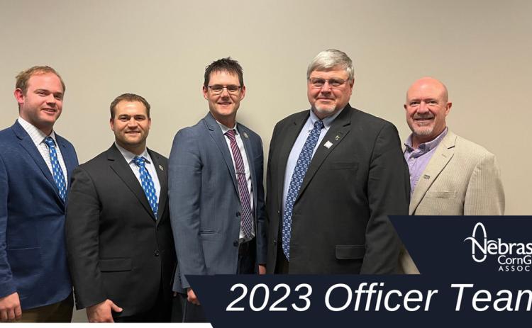 Nebraska Corn Growers Association 2023 officer team. From left to right, Chris Grams, president; Michael Dibbern, vice president; Andy Jobman, chairmen; Dave Merrell, secretary; Dave Warner, treasurer