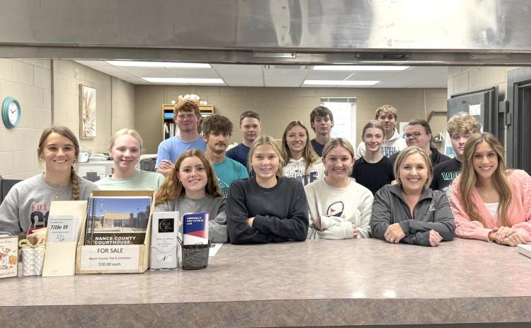 Members of the Fullerton senior class visited the Nance County Courthouse on Monday and received a crash course on elections from Nance County Clerk Adrian Chlopek. For many of the seniors, this will be the first election they can vote. NCJ photos by Rick Holtz