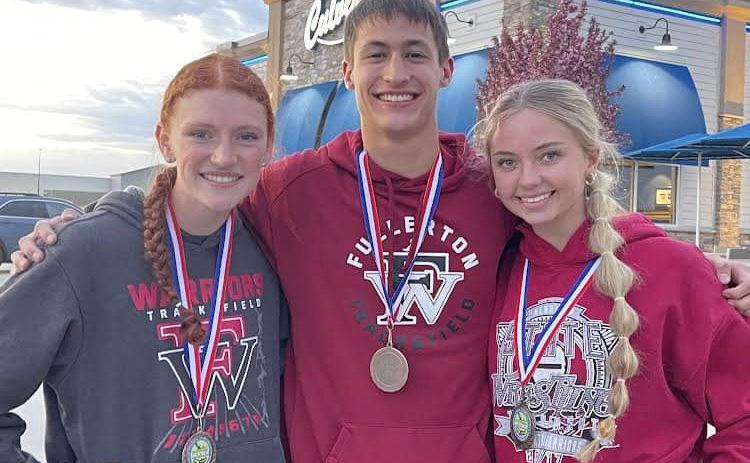 Julianna Maxfield (left), Roe Patton and Teagan Gonsior all won medals on Monday at the Central Nebraska Track Championships in Grand Island. Fullerton Schools photo