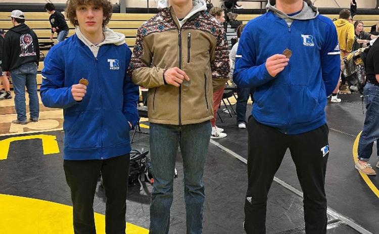 Pictured are the Twin River Medalists at the Aquinas Invite. Wrestlers are from left to right: 113: Adam Achroder, 138: Ashton Johnson and 160: Spencer Kula
