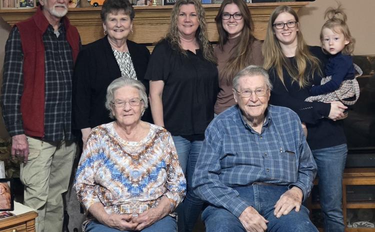 SEATED: Great Great Grandparents: Marilyn (Roark) &amp; Bill Allington (Crofton, NE) STANDING: Great Grandparents: Bob &amp; Karen (Allington) Borgheiinck (Grand Island, NE); Grandmother: Lori (Borgheiinck) Brewer, Aunt Riley Brewer, (Harrisburg, SD); Mother Hailey (Brewer) Bentley holding Amelia Ann Bentley, (Aniwa, WI). Photo provided by Karen Borgheiinck