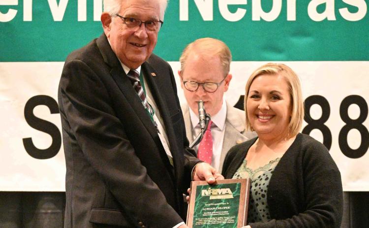 Nance County Clerk and safety committee chairperson Adrian Chlopek is shown accepting a Special Recognition Award from NIRMA Board of Directors Chair Larry Cerny. Photo provided