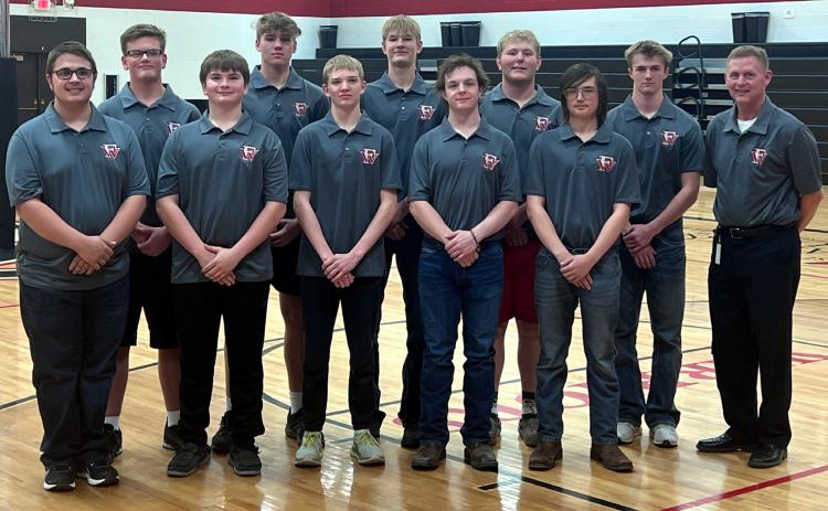 Fullerton’s golf program may be young, but they expect to compete. Front row: Derek Warner, Parker Aaberg, Tate Wood, Dillon Fitzgerald, Zack Hanna. Back row: Jacob Finley, Hunter Gochenour, Cayden Scheffler, Jerrod Land, Ryan Cook, Coach Shawn Ostransky. Photo provided