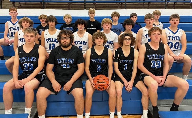 Front Row: Alex Sikes, Ryder Kleckner, Kadin Buhl, Tim Jarecki, Kirk Hedba. Middle Row: Colsten Rodriguez, Braedyn Ramaekers, Eli Ingwerson, Paydon Rinkol, Corbin Rodriguez, Lane Lund, Kade Lund. Back Row: Adam Warren, Cooper Green (mgr), Kayne Olson (mgr), Ryker Thompson (mgr), Vegas Tracy (mgr), Keegan Rodriguez (mgr), and Chuck Davenport. NCJ photo by Rick Holtz